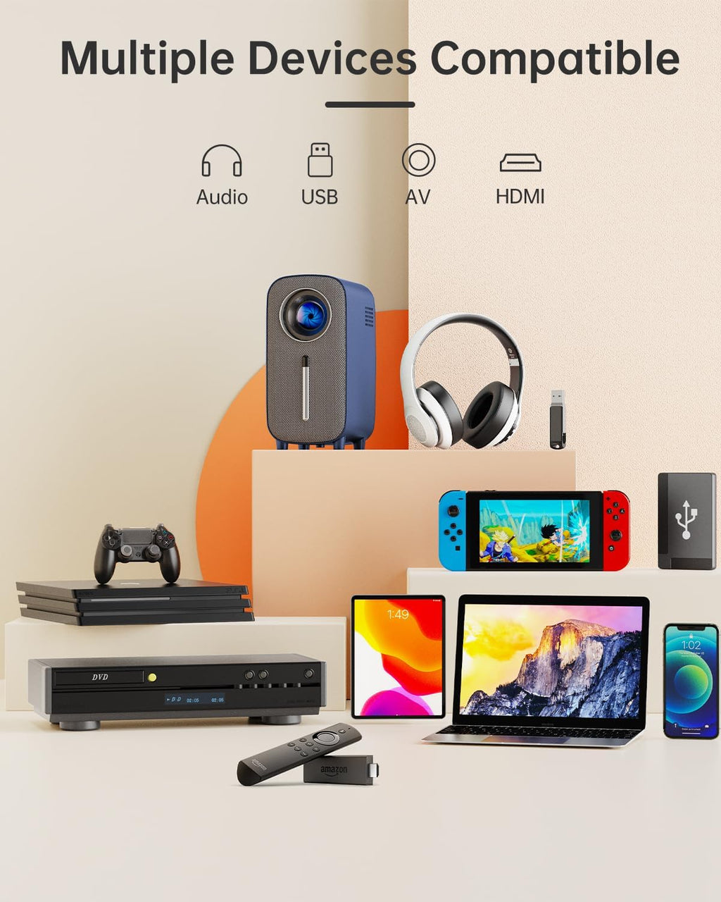Mini Portable Bluetooth Movie Projector: HISION 1080P 4K Outdoor Home TV Proyector 8500L HD Video Led Projectors Gaming Cinema Theater Camping Support TV Stick Laptop Phone Tablet HDMI USB Blue
