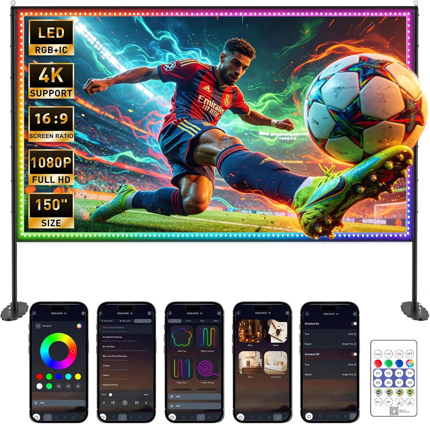 150 inch Projector Screen with Stand, USB String Lights Connection 16:9 4K HD Portable Movie Screen Indoor Outdoor,Wrinkle-Free Foldable Projection Screen for Home Theater Backyard, Office, Travel