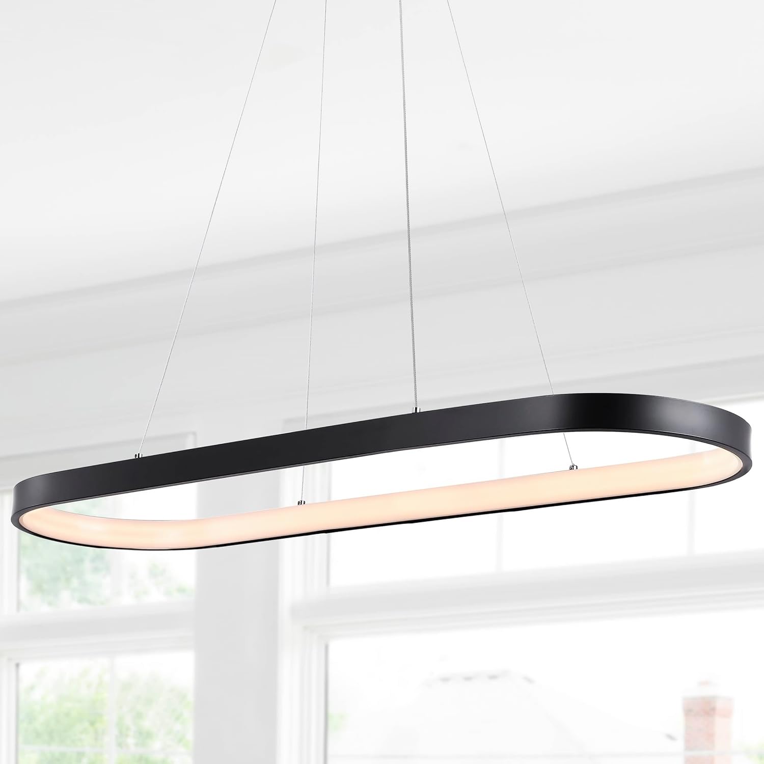 JONATHAN Y 38.75" Black 1-Light Iron Linear Integrated LED Pendant, Modern Bohemian Oval Ring Chandelier for Dining Room, Kitchen Island, Minimalist Dimmable Fixture JYL7120A