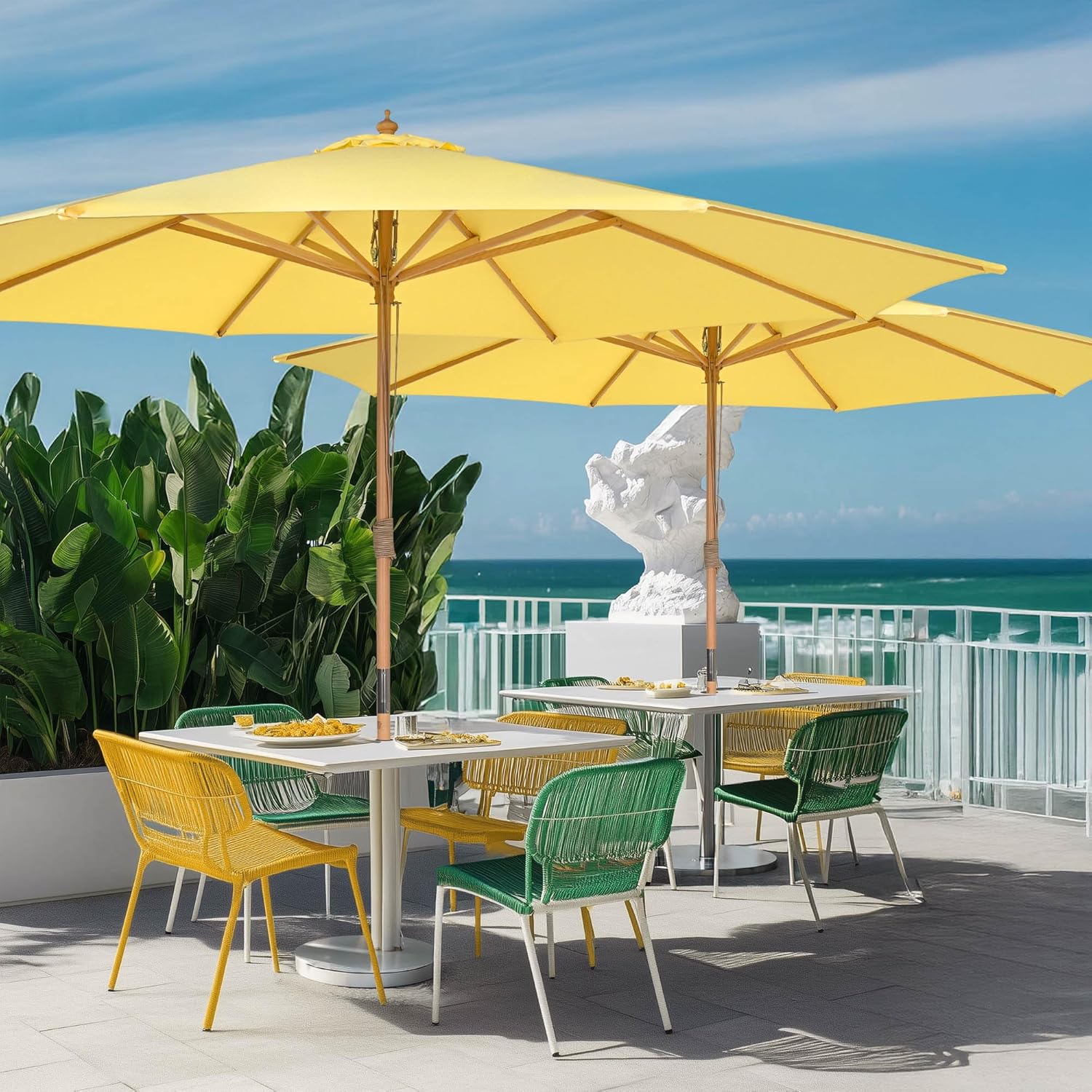 Yescom 13ft Coastal Solid Beech Wood Umbrella Pulley Lift Commercial Base with Wheel Included for Beach Club Seaside Restaurant Terrace Resort Poolside