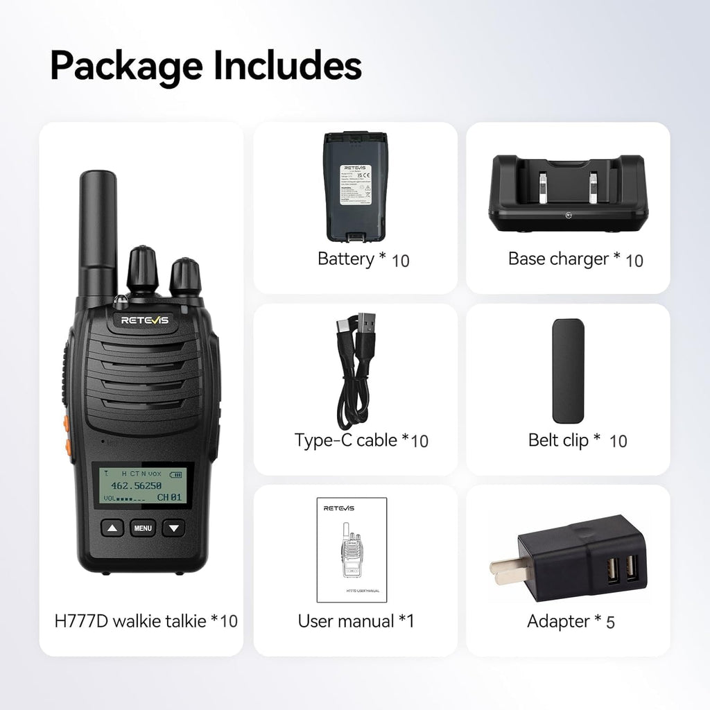 Retevis H777D Walkie Talkies Long Range with LCD Screen, USB -C Charging, Portable FRS Two Way Radios for Adults, Handsfree, Durable Walkie Talkie for Restaurant Retail Warehouse School(10 Pack)