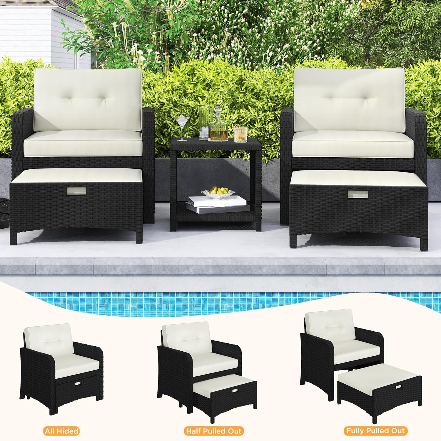 Yaheetech 5 Piece Patio Conversation Set with Ottomans, PE Wicker Balcony Furniture, Rattan Lounge Sofa with Cushions & Pillows, 2 Chairs & Side Table for Backyard, Porch, Garden, Black/Beige