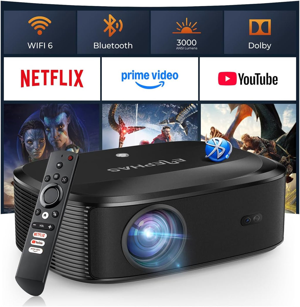 4K Projector with WiFi and Bluetooth - 3000 ANSI Lumens, ELEPHAS Outdoor Movie Projector Compatible with NETFLIX/Prime Video/YouTube, Smart Projector for HDMI/USB/iOS/Android, Portable Home Cinema