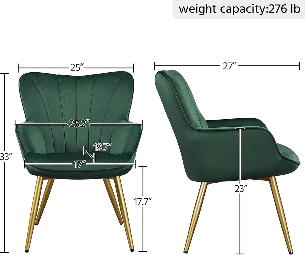 Yaheetech Velvet Accent Chair, Modern Armchair with Wing Side and Metal Legs, Cozy and Soft Padded and High Back for Living Room/Home Office/Bedroom, Set of 2, Green