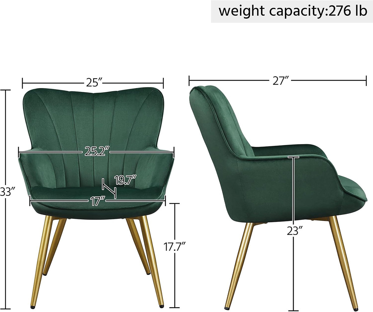 Yaheetech Velvet Accent Chair, Modern Armchair with Wing Side and Metal Legs, Cozy and Soft Padded and High Back for Living Room/Home Office/Bedroom, Set of 2, Green