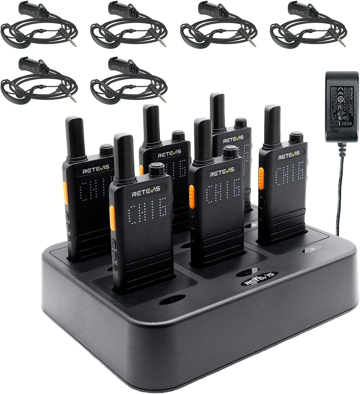 (3nd Gen RT22) Retevis B3H Walkie Talkies for Adults-Ultra Slim, with Earpiece, 6 Way Multi Unit Charger, 1620 mAh, LED Display, Business Portable FRS Two-Way Radios for Retail Store (6 Pack)
