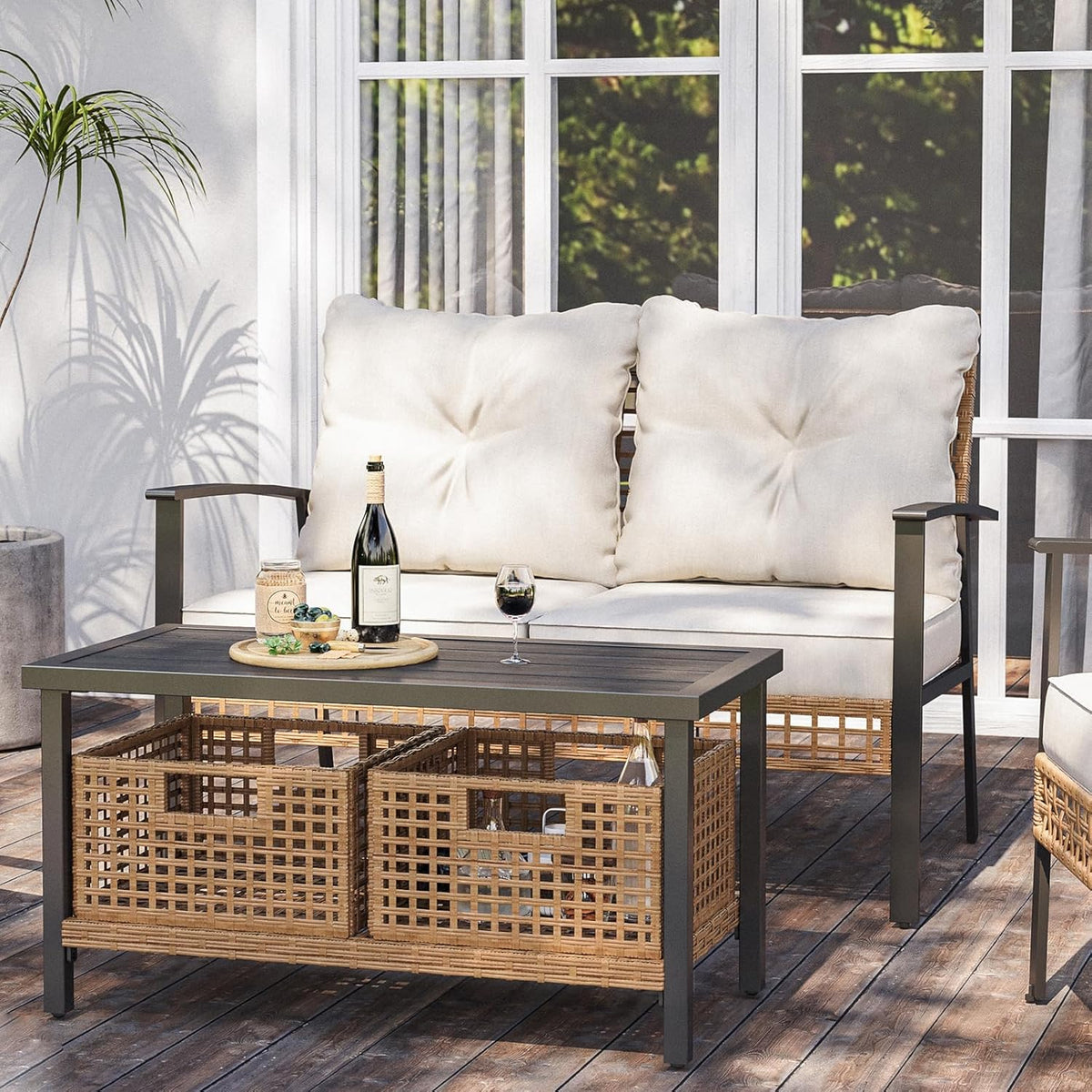 LAUSAINT HOME Outdoor Patio Loveseat with Coffee Table Set of 2, 2 Pieces Comfortable Oversized Wicker Furniture Conversation Set, Rattan Bistro Set for Backyard, Porch, Garden and Poolside, Beige