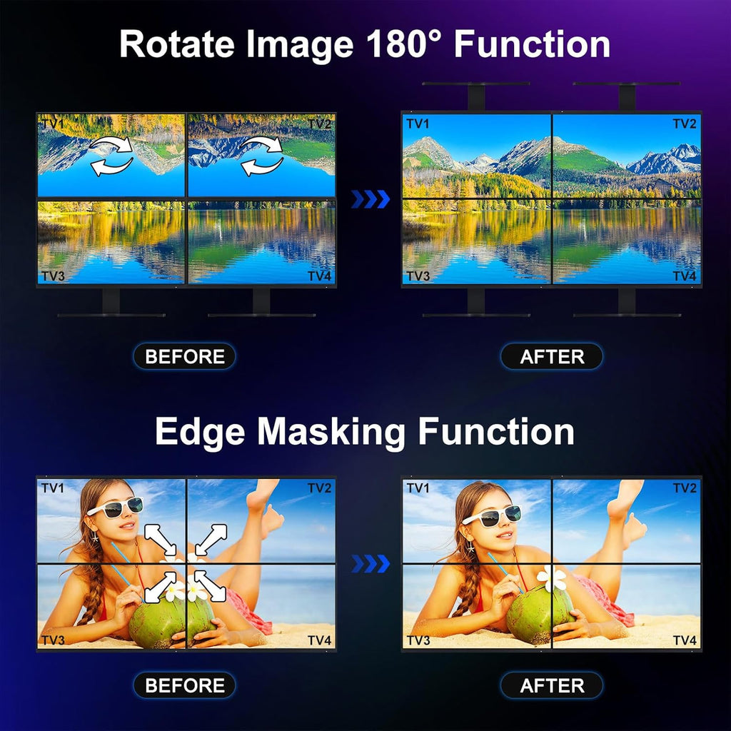 PORTTA HDMl Video Wall Controller 2x2 4K, Video Wall Processor with 11 Splicing Modes, RS232, 180° Rotate, Audio Extractor, 2x2,1x2,1x3,1x4,2x1,3x1x4x1, 4 tv Screens into 1 Wall Display