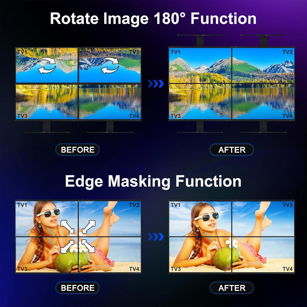 PORTTA HDMl Video Wall Controller 2x2 4K, Video Wall Processor with 11 Splicing Modes, RS232, 180° Rotate, Audio Extractor, 2x2,1x2,1x3,1x4,2x1,3x1x4x1, 4 tv Screens into 1 Wall Display