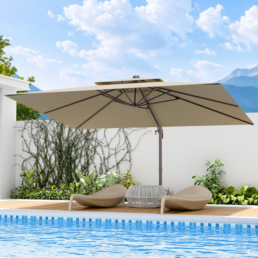 9x12 FT Patio Umbrella, Large Cantilever Rectangular Double Top Heavy Duty Offset Umbrellas with 360° Rotation, Outdoor shade for Garden Deck Pool, Tan