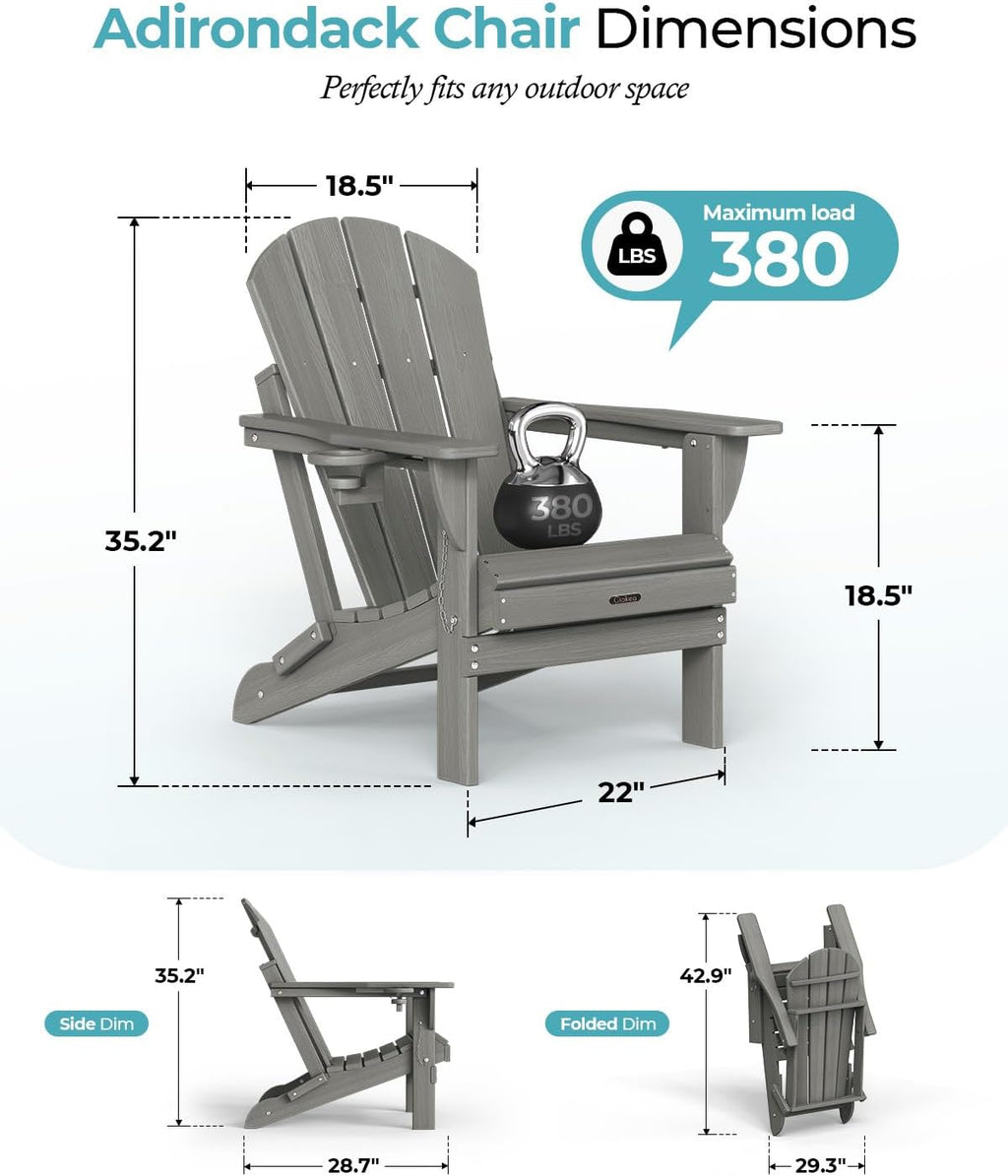 Ciokea Folding Adirondack Chair Wood Texture, Patio Chair Weather Resistant, Plastic Fire Pit Chair with Cup Holder, for Lawn Outdoor Porch Garden Backyard Deck (Grey)