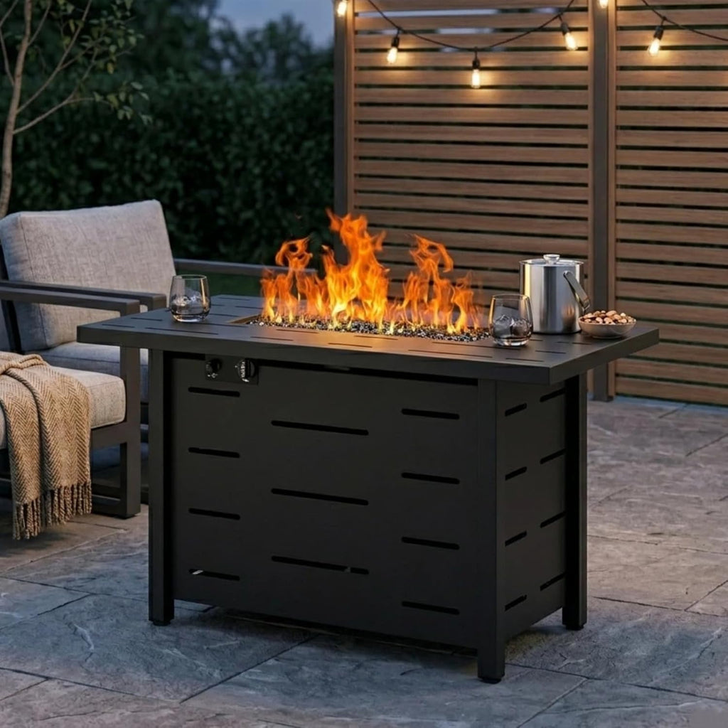 JAMFLY Patio Furniture Sets, 4-Piece Outdoor Patio Furniture with 43'' Propane Gas Fire Pit Table, Wicker Outdoor Conversation Set Sectional Sofa for Backyard, Poolside, Garden(Beige Cushion)