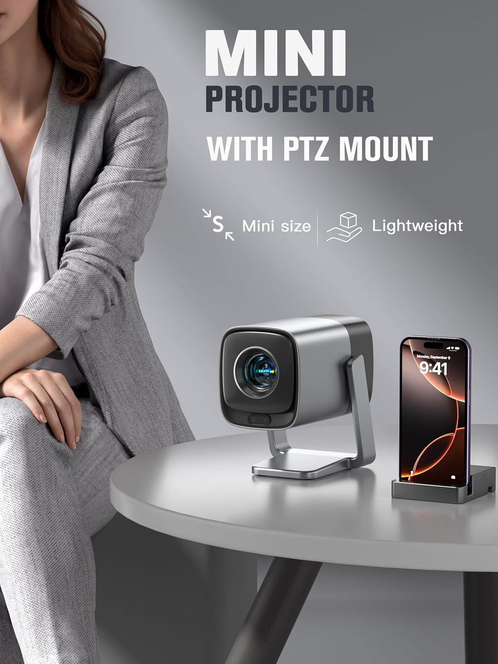Compatible with Netflix & TOF Real-time Focus Mini Projector with WiFi and Bluetooth, XuanPad Silver Smart Projector 4K Support, Dolby Audio & Keystone, 210° Rotatable Stand for Home