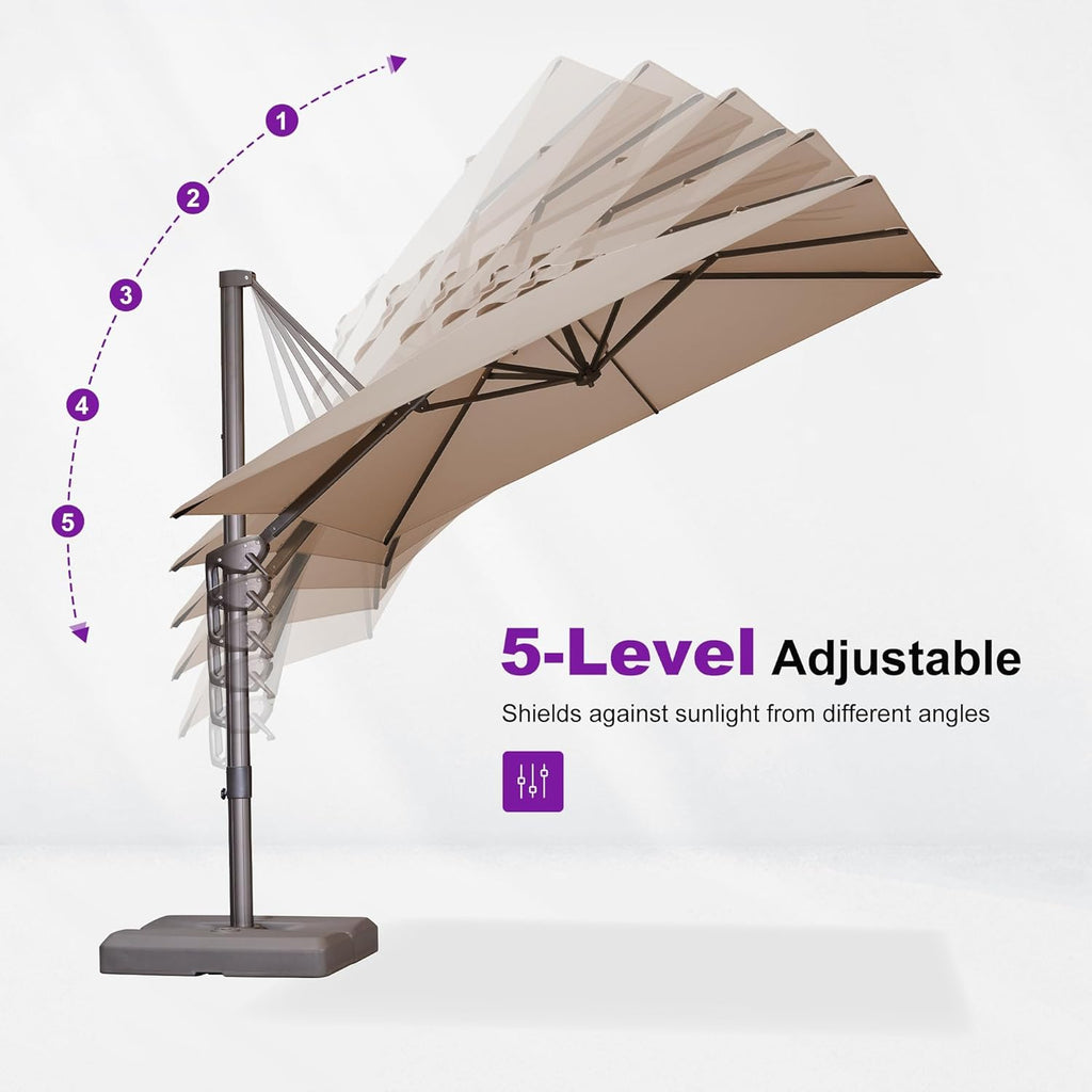 PURPLE LEAF 10' X 10' Patio Cantilever Umbrella with Base Included Antique Bronze Square Outdoor Umbrella with 360° Rotation and Aluminum Offset Hanging for Garden Backyard Pool, Taupe