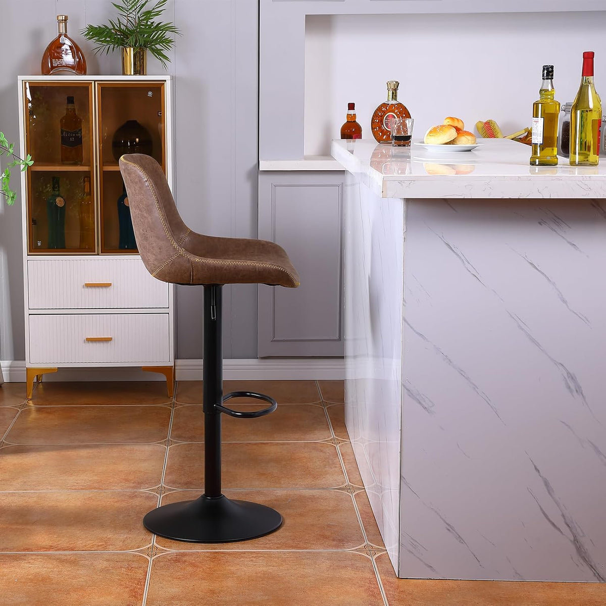 Bar Stools Set of 2, Swivel Counter Height Barstools with Back, Adjustable Modern Bar Chairs, Tall Armless PU Leather Kitchen Island Stool, Brown