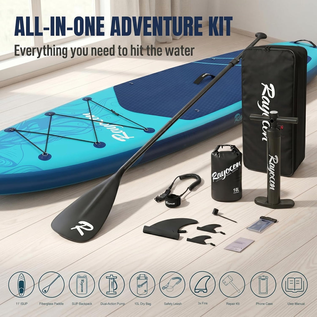 Inflatable Stand Up Paddle Board 11'×34" Extra Wide SUP, Ultra-Stable for Adults & Dog, 450lbs, Dual Chamber Pump, Fiberglass Paddle, Military Grade Dual Layer