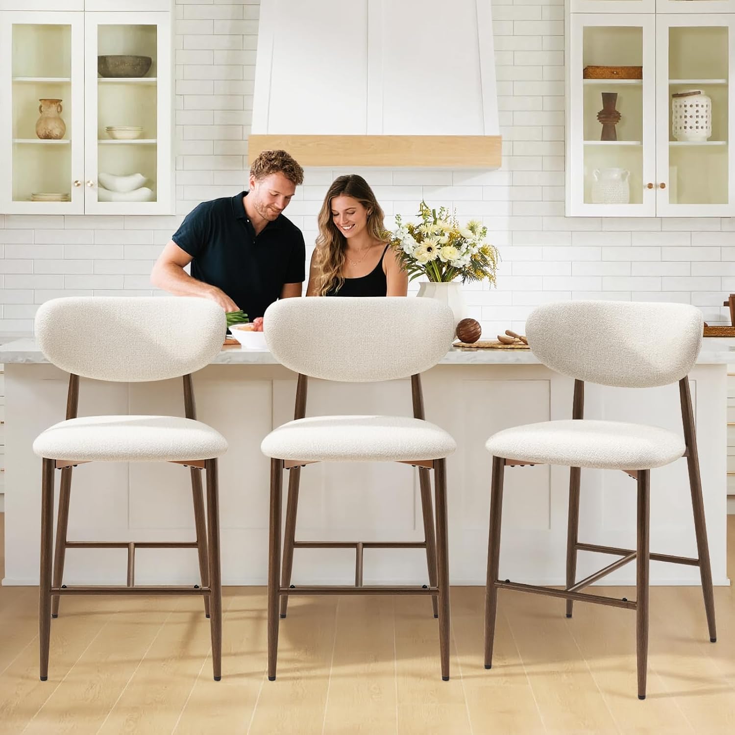 MALOL Bar Stools Set of 2, Counter Height bar stools, Kitchen Bar Stools with Backs, Modern Upholstered, Modern Bar Stools with Metal Legs for Kitchen Island, Counter, Beige