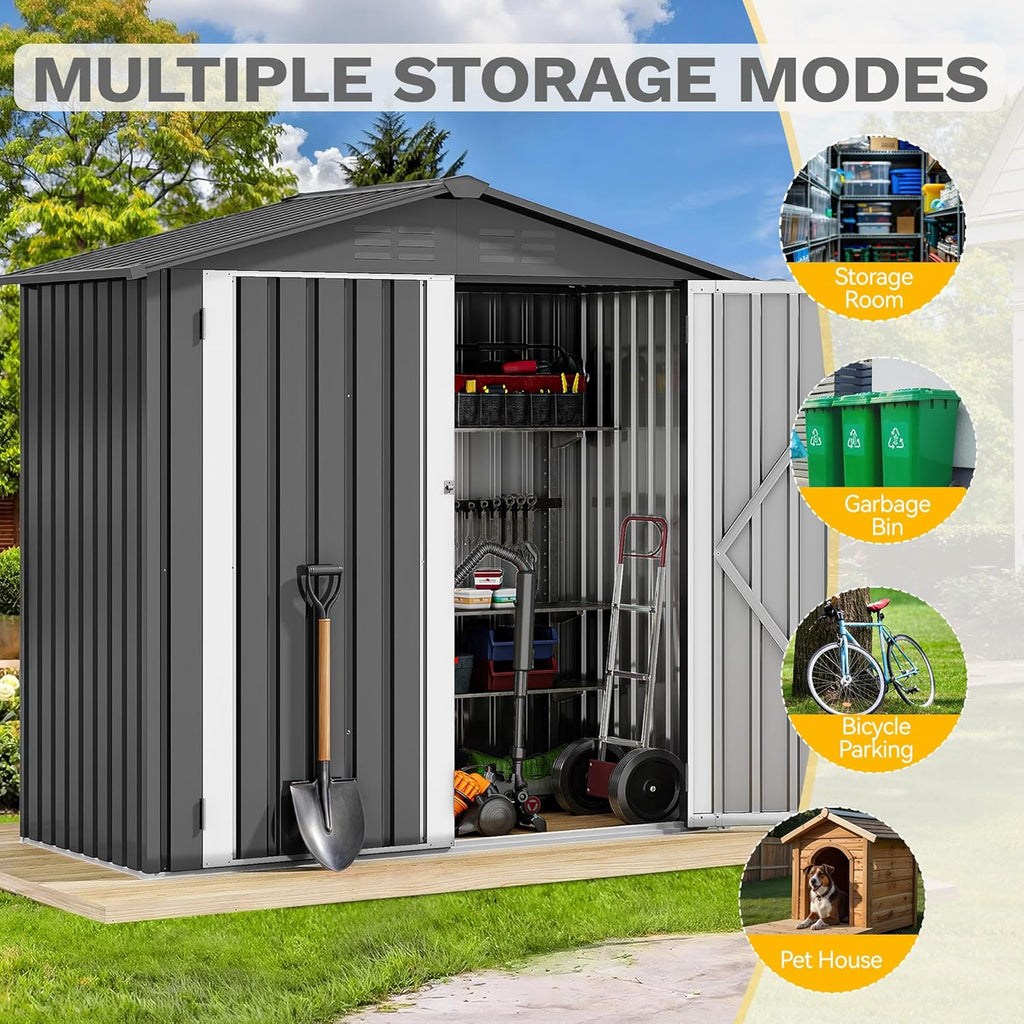 DWVO 6x4ft Small Tool Storage Shed, Lockable Doors, and Sloped Roof, Oversized Steel Outdoor Storage Shed for Garden, Patio, Garage, Backyard, Lawn - Dark Gray
