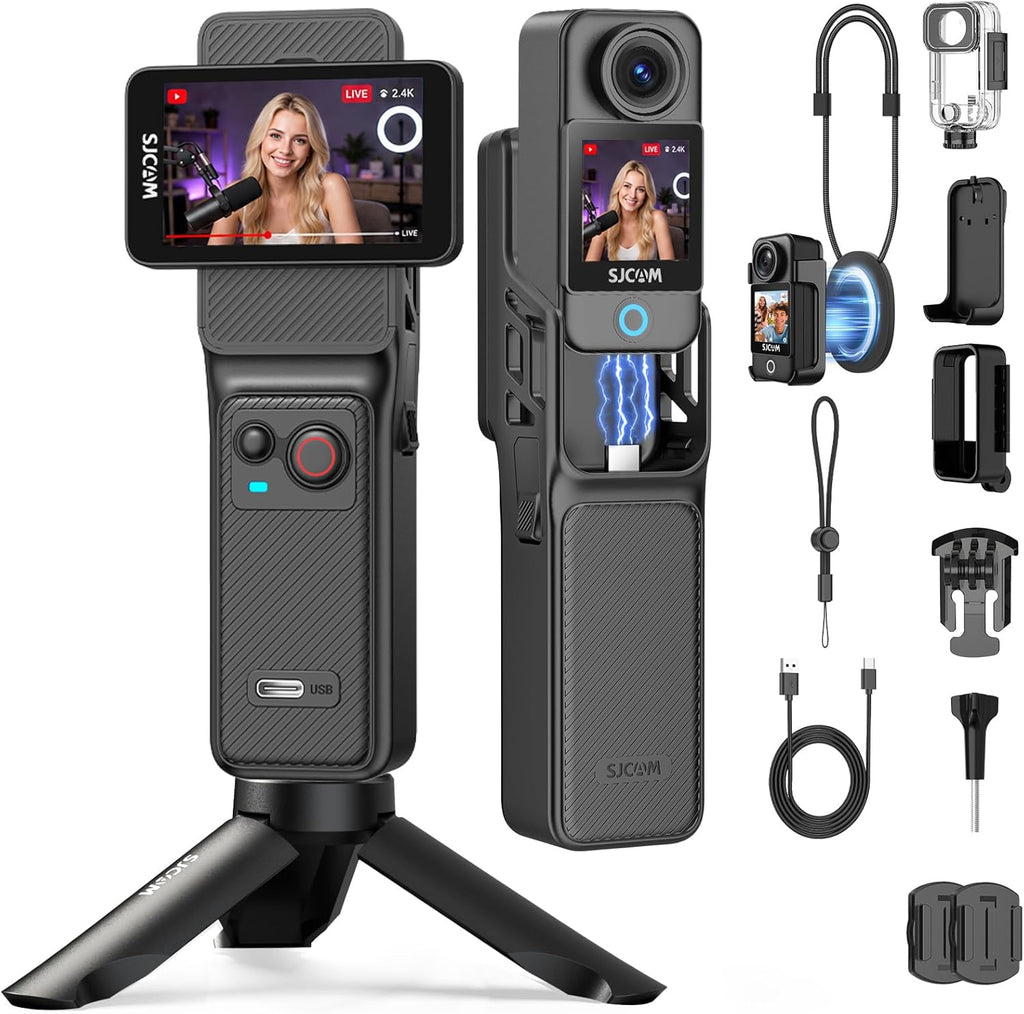 SJCAM C400 4K YouTube Creator Vlogging Camera,7H Battery Handle,3-in-1 Handheld Wearable Travel Camera with 2.29" Touchscreen, 6-Axis Stabilization,30M Waterproof Camara para grabar contenido