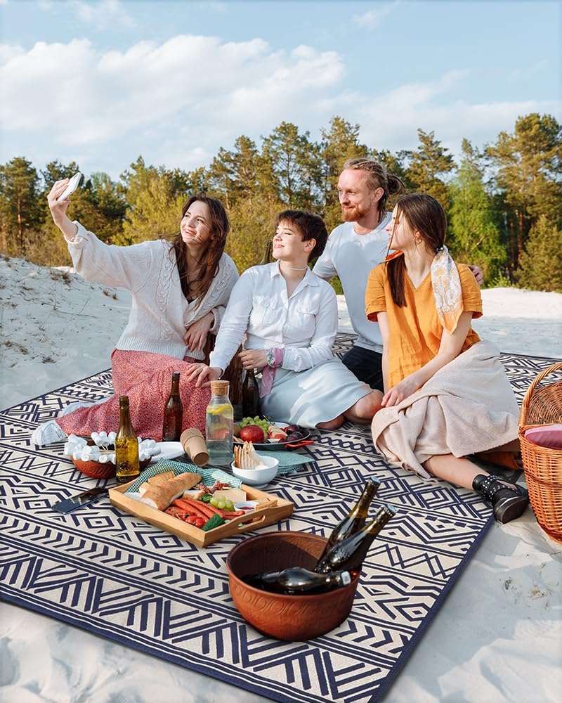 Outdoor Rug Carpet 9X12 ft, Flatweave Textured Outdoor Patio Rug Non Slip Indoor Outdoor Rugs with Rubber Particles Backing Boho Outdoor Area Rug for Patio Deck Front Porch Backyard Balcony, Navy