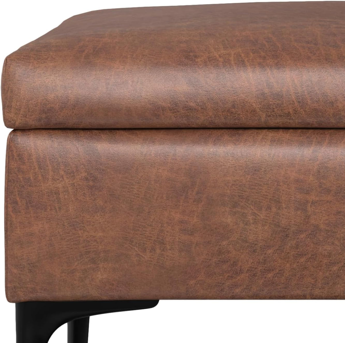 SIMPLIHOME Rebecca Storage Ottoman - 48 inch Wide Upholstered Vegan Leather Coffee Table Ottoman in Distressed Saddle Brown, Mid-Century Modern Lift-Top Storage for Living Room with Safety Hinges