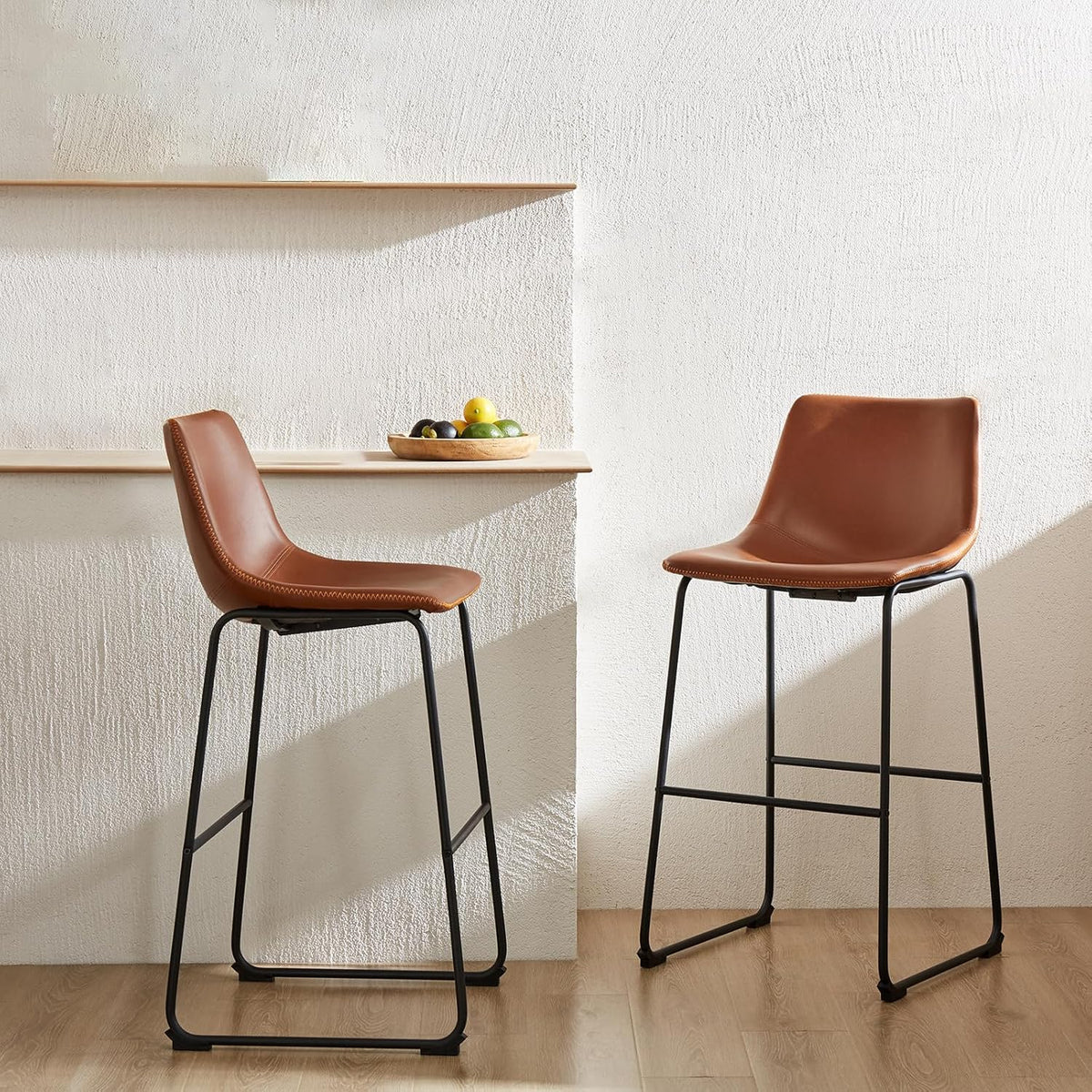 DUMOS 26 Inch Counter Height Bar Stools Set of 4, Modern Faux Leather High Barstools with Back and Metal Leg, Bar Chairs for Kitchen lsland, Brown