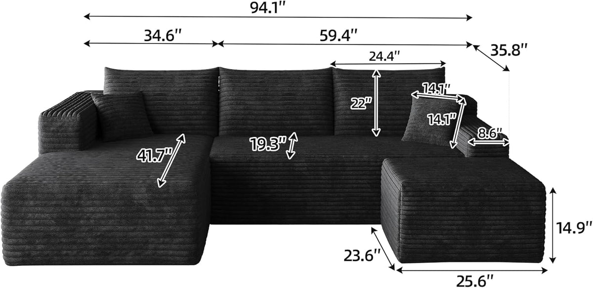 JINGLING 25.6 Inch Plush Corduroy Ottoman, Modular Sectional Foot Rest for Living Room, Upholstered Cloud Ottoman for Boneless Couch in a Box, Compressed Memory Foam, No Assembly Require, Black