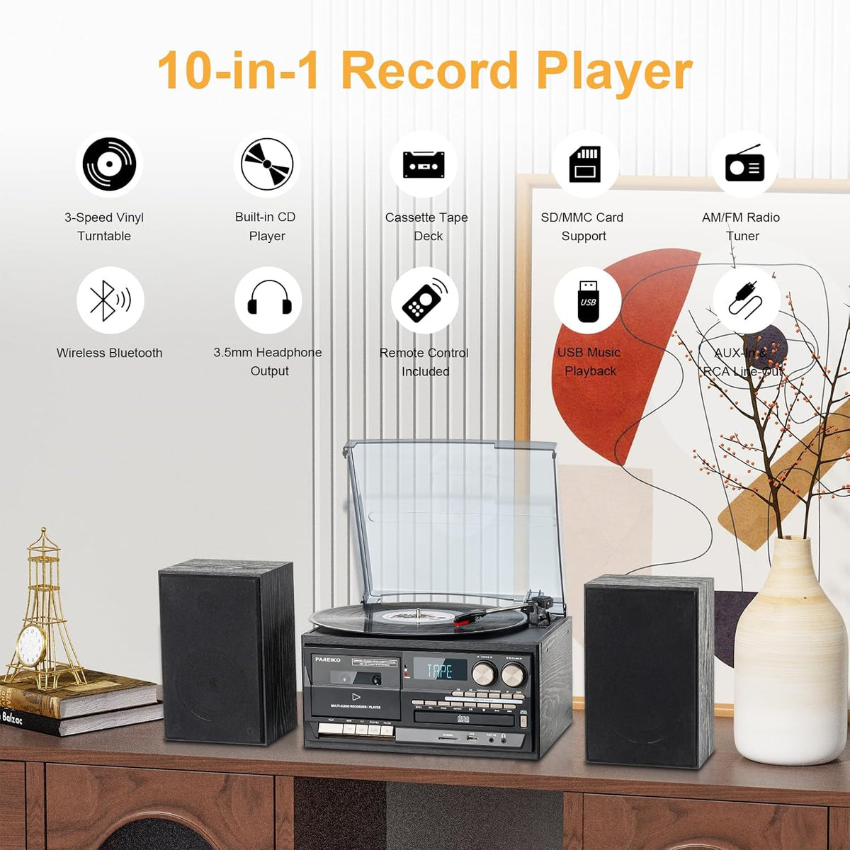 10 in 1 Record Player with Bluetooth Turntable CD Cassette USB SD MMC AM FM Radio Remote Control with Dual External Stereo Speakers