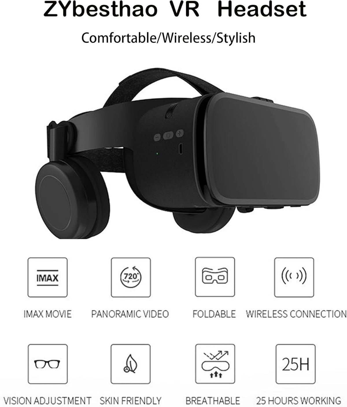 VR Headset for iPhone & Android Phones with Wireless Headphones, Virtual Reality Goggles Set for 4.5"-6.5" Phones .3D VR Glasses for IMAX Movies &VR Games