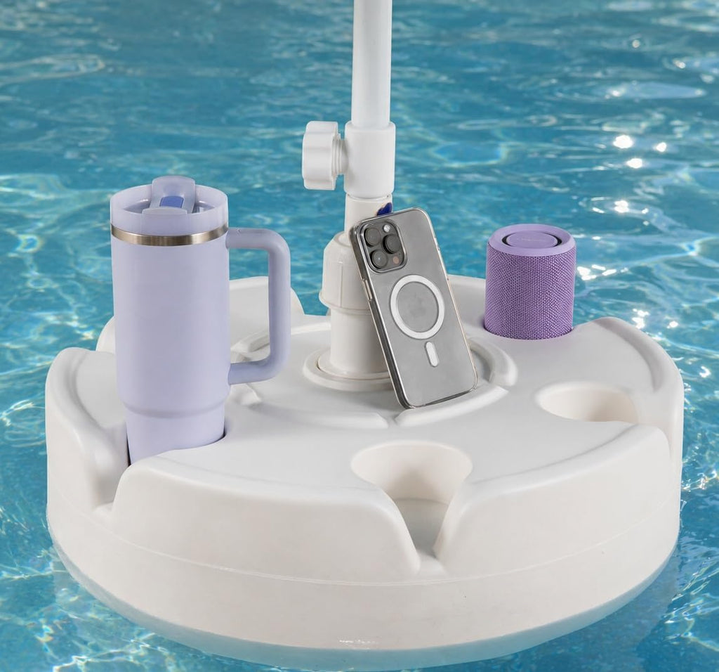 Floating Pool Umbrella with Table, 6 Cup Holders, 7 ft UV 50+ Sun Shade, Stable Water Umbrella for Pool, Lake & Beach, Convertible Beach Table