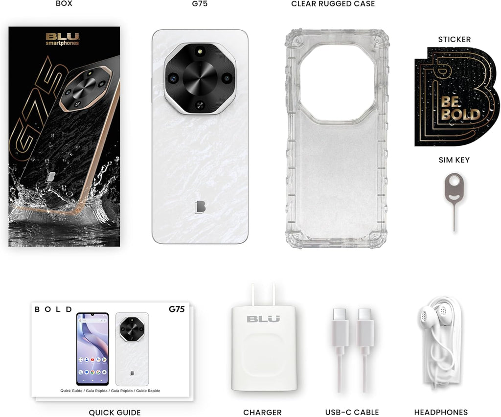 BLU G75 | 2025 | Unlocked | 6.8” HD+ 120Hz Infinity Display | 50MP Main + 13MP Selfie Cameras | Water/Dust Resistant | 256GB Internal Storage | US Version | US Warranty | White