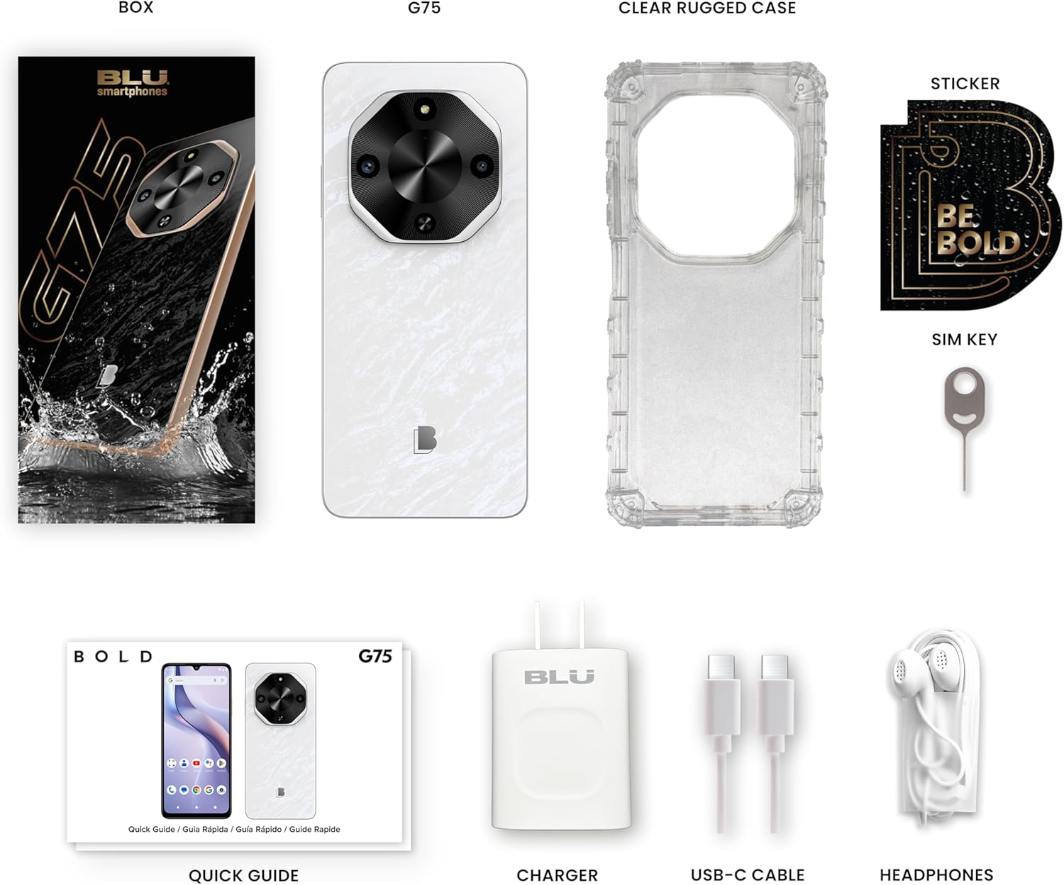 BLU G75 | 2025 | Unlocked | 6.8” HD+ 120Hz Infinity Display | 50MP Main + 13MP Selfie Cameras | Water/Dust Resistant | 256GB Internal Storage | US Version | US Warranty | White