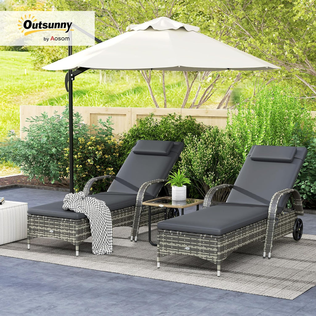 Outsunny Wicker Outdoor Chaise Lounge Set of 2, 5-Level Adjustable Backrest PE Rattan Pool Lounge Chair with Wheels, Cushion & Headrest, Mixed Gray and Gray