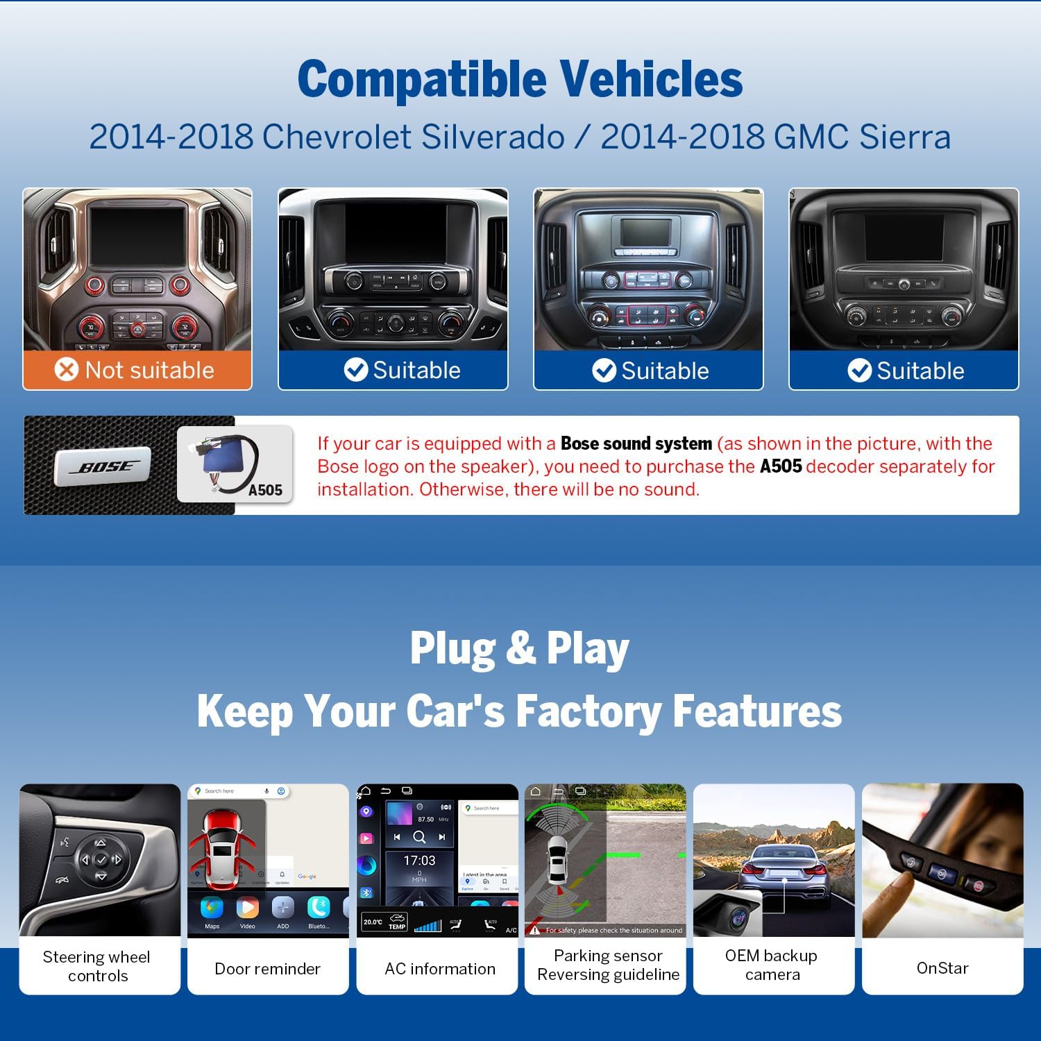 Eonon 10.1 Inch Car Stereo for Chevy Chevrolet Silverado/GMC Sierra 2014-2018, 2015 Silverado Radio CarPlay & Android Auto Head Unit, Android 14 Car Radio with Bluetooth 5.4, SWC, 4+64GB - GMSX7A