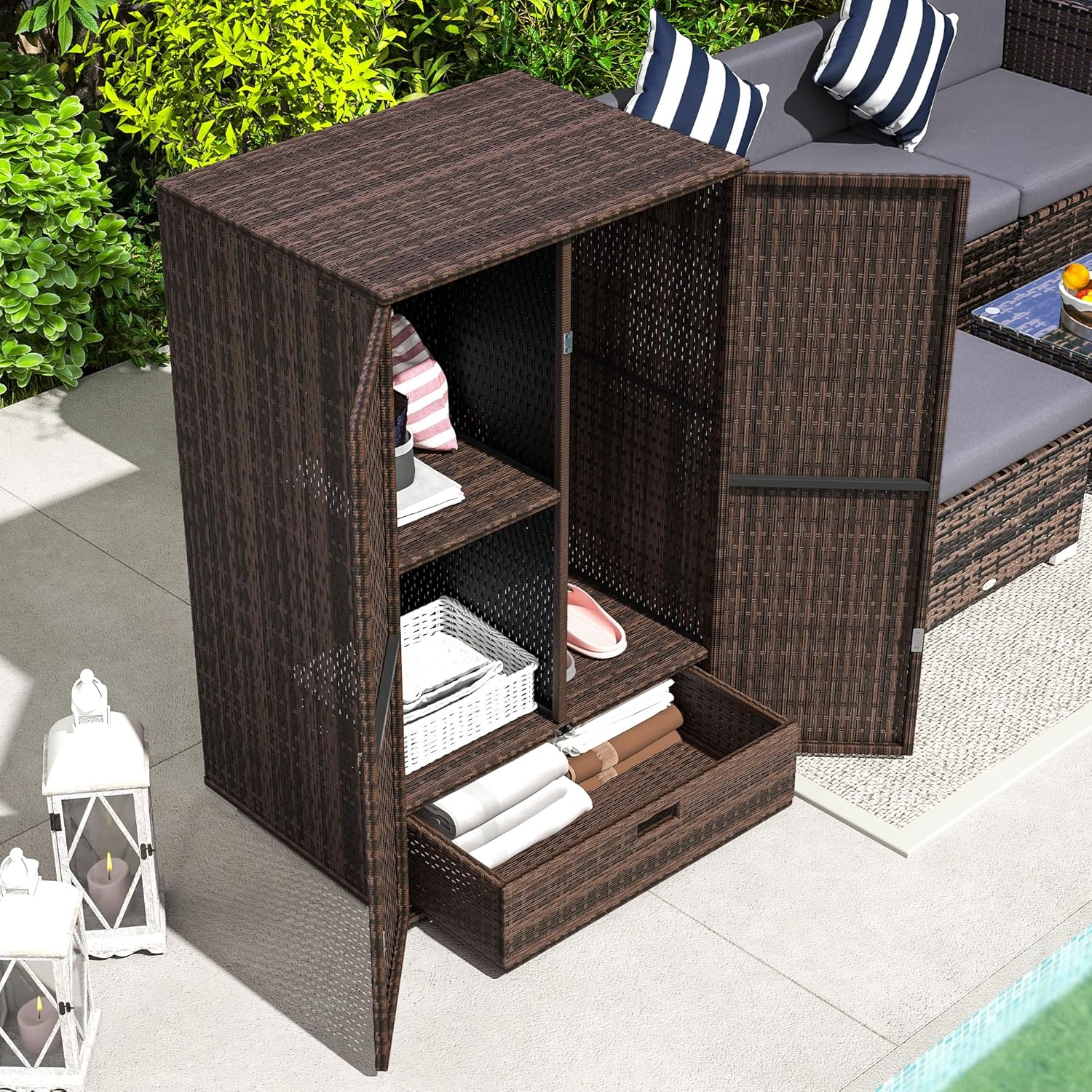 Outsunny Wicker Outdoor Storage Cabinet with Shelves, 2-Door Rattan Pool Towel Storage Cabinet with Removable Shelf & Drawer, Outdoor Towel Holder for Garden, Backyard, Porch, Mixed Brown