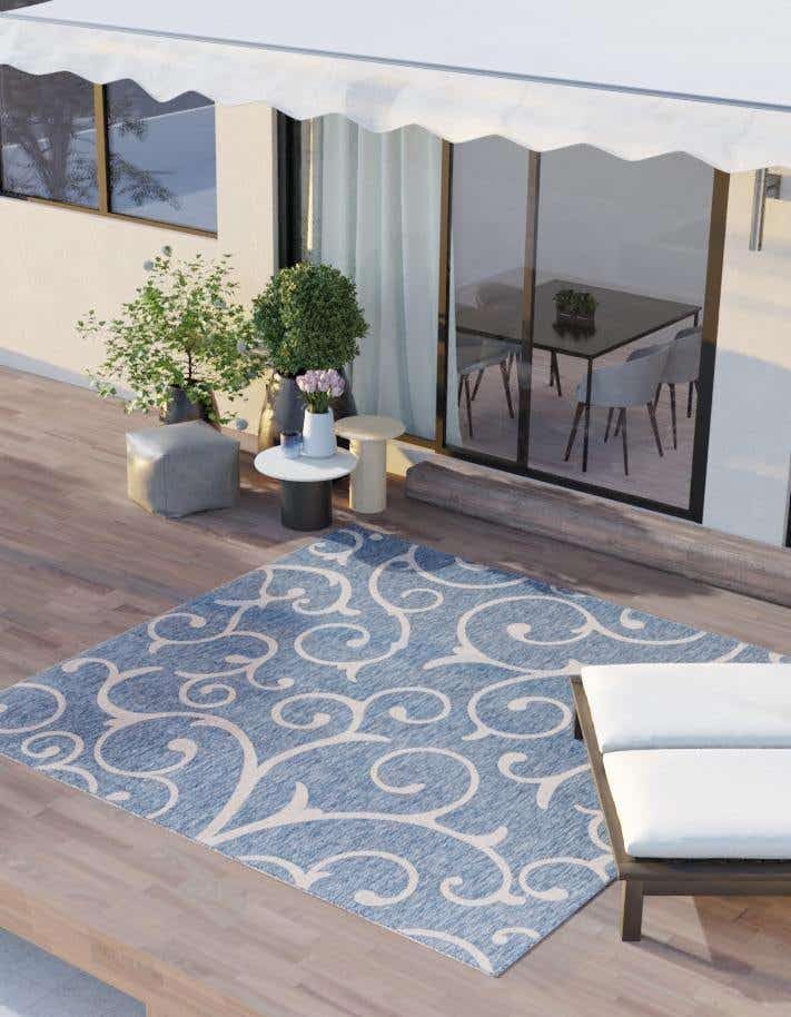 Unique Loom Outdoor Botanical Collection Area Rug - Curl (13' Square, Blue/ Ivory)