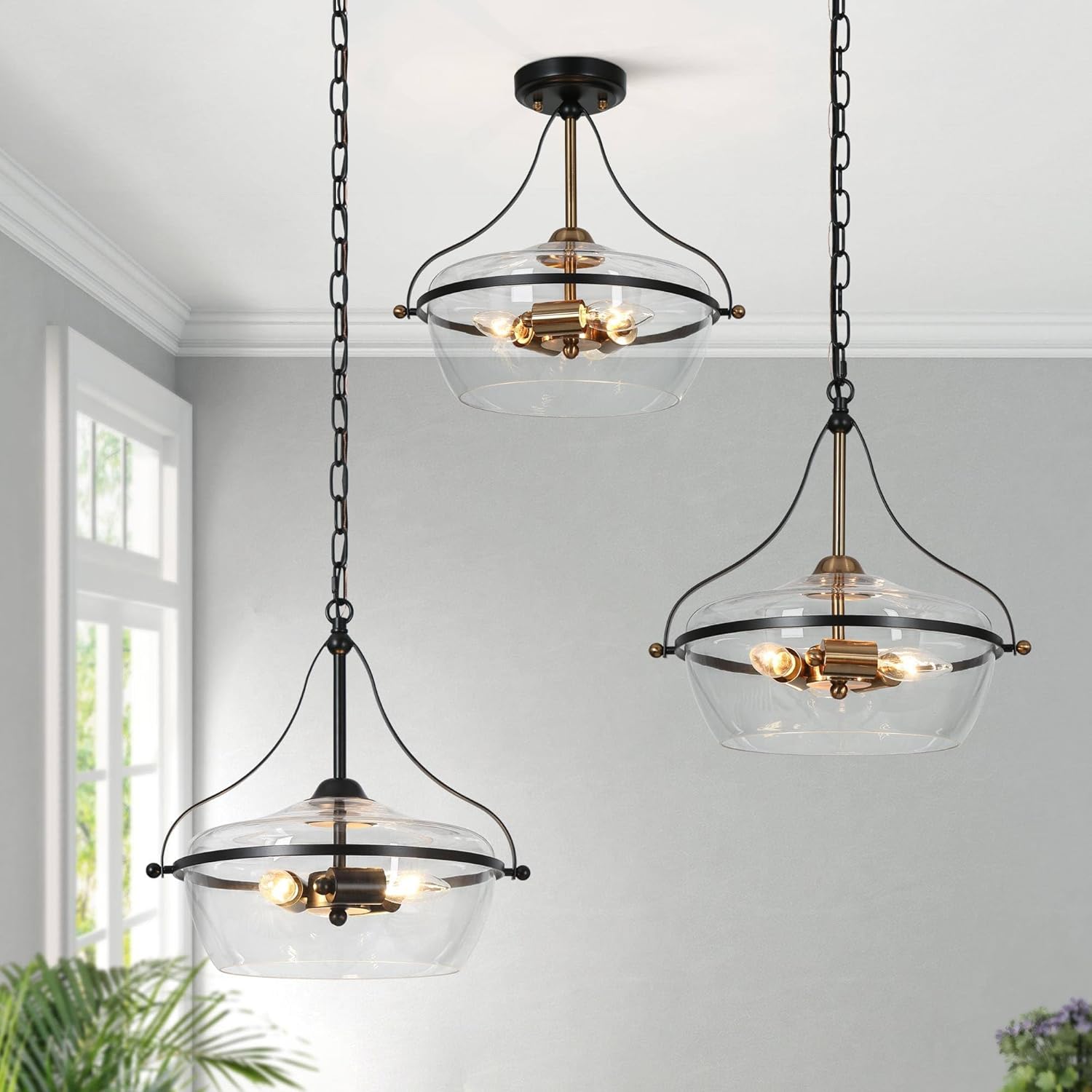 KSANA Black Glass Chandelier, Modern 3-Light Pendant Lighting Fixture for Dining Room, Kitchen, and Bedroom