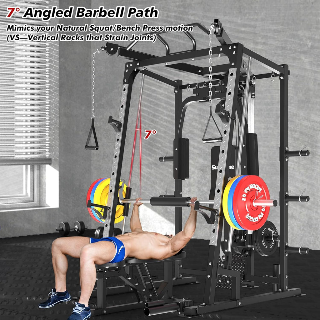 SunHome Smith Machine, Power Cage Squat Rack with Smith Bar, LAT Pull-Down Systems, Cable Crossover Machine and Cable Attachment for Home Gym