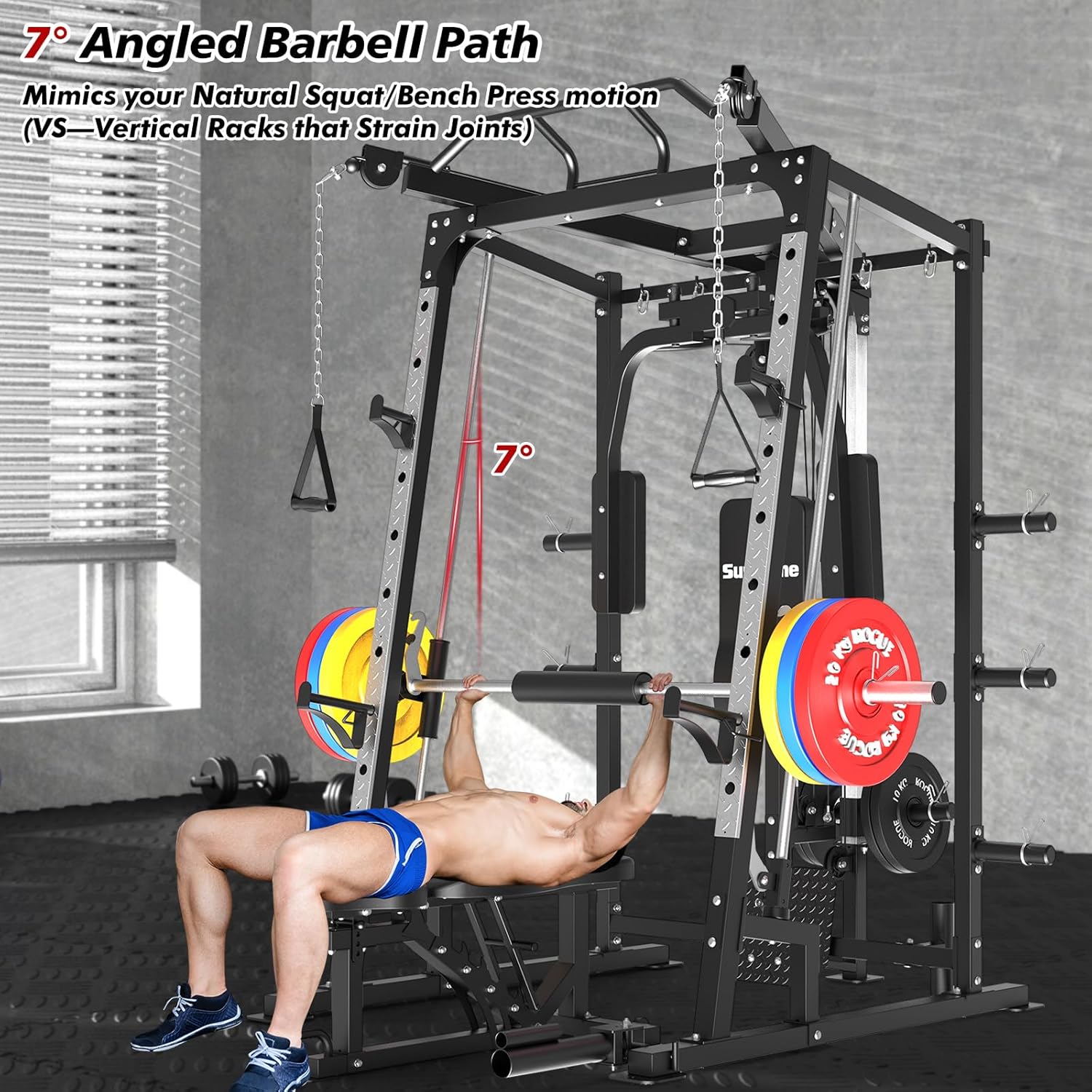 SunHome Smith Machine, Power Cage Squat Rack with Smith Bar, LAT Pull-Down Systems, Cable Crossover Machine and Cable Attachment for Home Gym