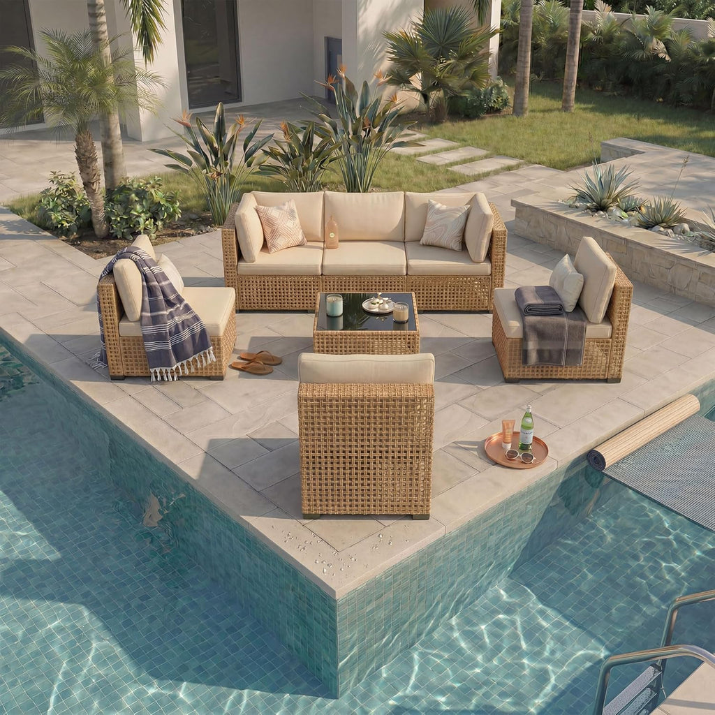 KIGOTY 7-Piece Patio Furniture Set, All-Weather PE Rattan Outdoor Sectional Sofa, Modular Wicker Conversation Set with Thick Cushions & Easy-Clean Coffee Table（Yellow/White）