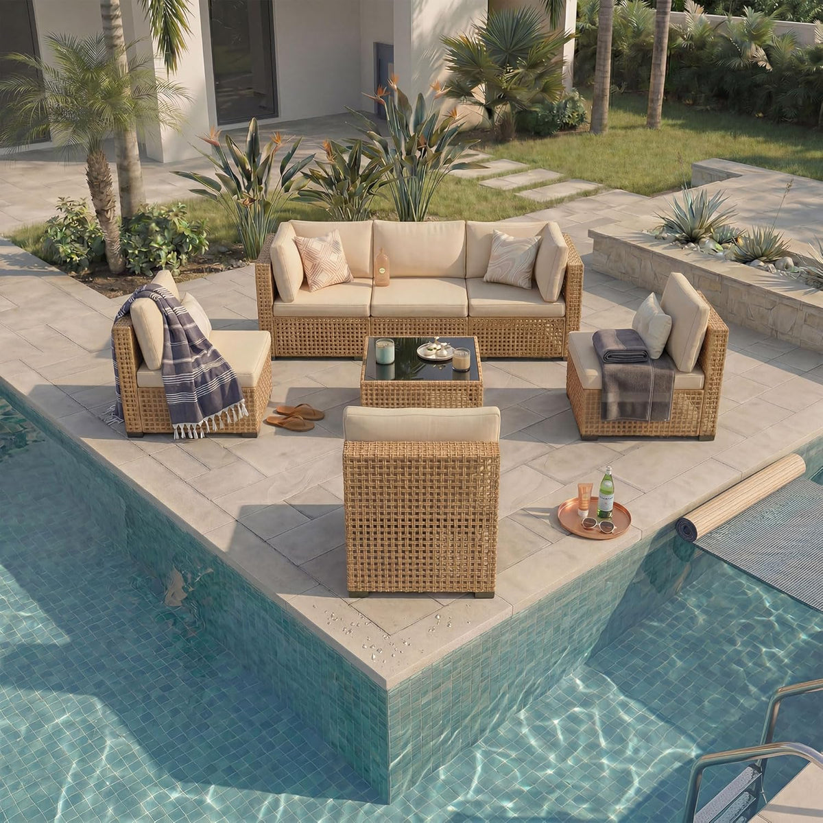 KIGOTY 7-Piece Patio Furniture Set, All-Weather PE Rattan Outdoor Sectional Sofa, Modular Wicker Conversation Set with Thick Cushions & Easy-Clean Coffee Table（Yellow/White）