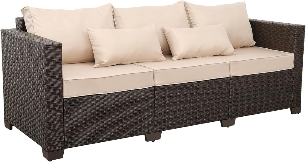 Rattan Star Outdoor Furniture Couch 3 Seater Sofa Outdoor Brown Wicker Sofa Deep Seat High Backrest Patio Couch with Non-Slip Cushions Waterproof Cover, Khaki