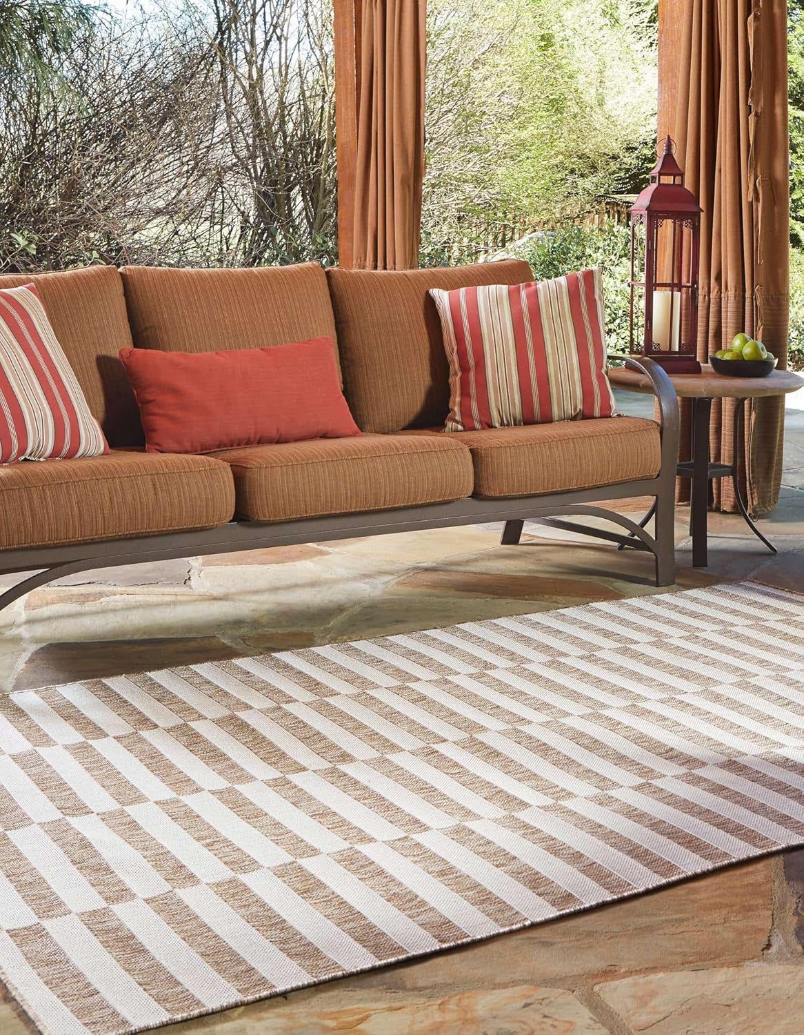 Unique Loom Outdoor Striped Collection Area Rug - Striped (10' x 14' 1" Rectangle Taupe/Ivory)