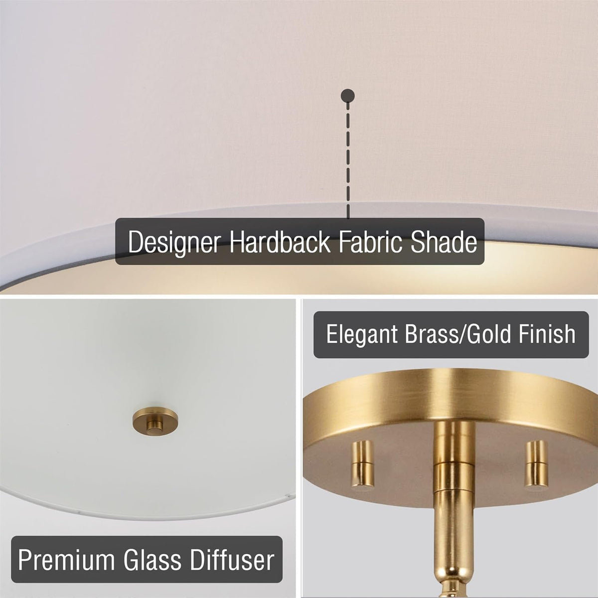 Kira Home Nolan 18" Modern Drum Chandelier with White Fabric Shade, 3-Light Gold Pendant Light with Tempered Glass Diffuser, Cool Brass Finish