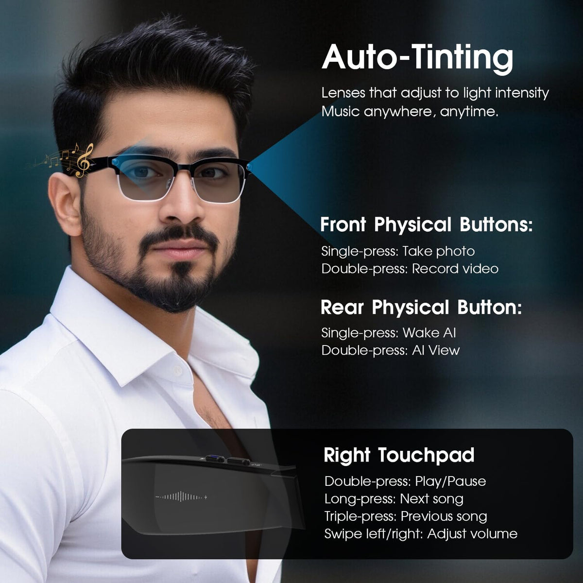AI Smart Glasses with Camera, 8MP HD Camera Glasses for Men Women, 4K Video Recording Sunglasses with EIS stabilization,AI Object Recognition, 290mAh, Bluetooth Audio Glasses for Work/Baseball/Cycling