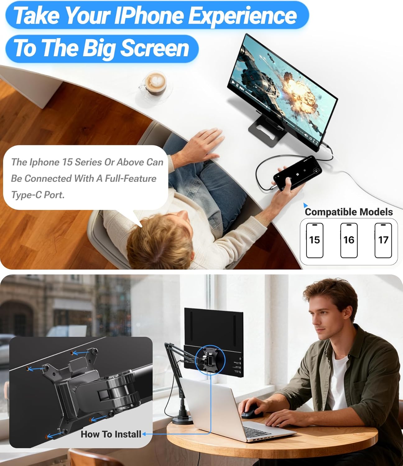 Ingnok Portable Monitor, Ultra Slim 15.6 Inch FHD IPS Laptop Screen Extender with Adjustable Stand, USB C Compatible, Ideal for Travel and Office