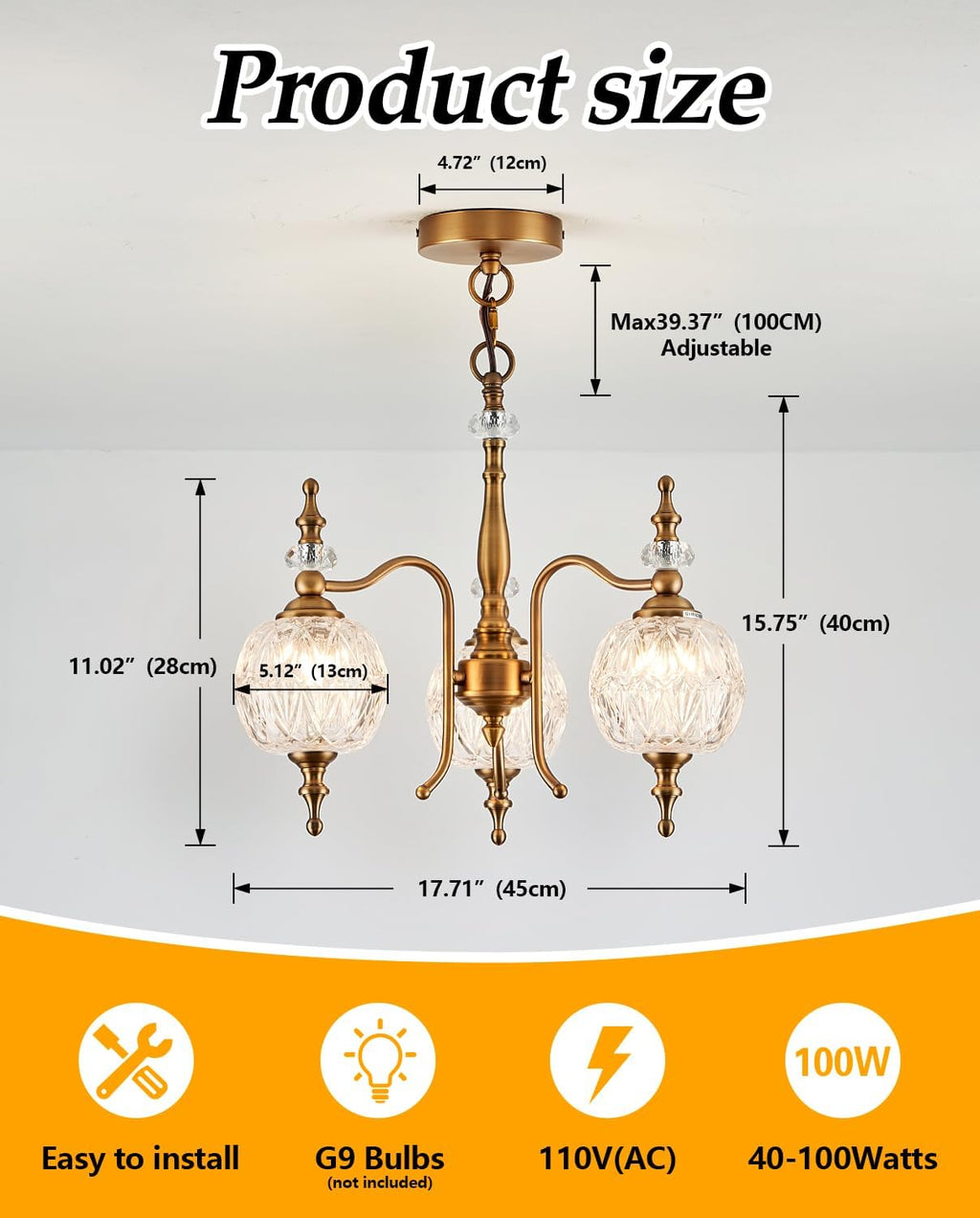 Vintage Pendant Light Fixtures, 3-Light Chandeliers for Kitchen Antique Gold Glass Pendant Lighting Matte Brushed Brass Finish with Crystal Glass Shade for Farmhouse Hotel Kitchen Island