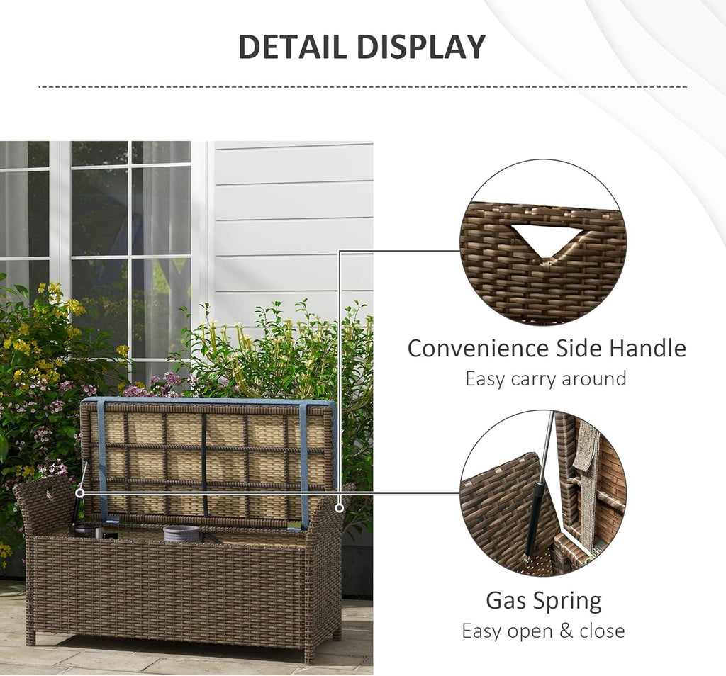 Outsunny 29 Gallon Patio Wicker Storage Bench, Outdoor PE Rattan Furniture, 2-in-1 Large Capacity Rectangle Garden Storage Box with Handles and Cushion, Dark Blue