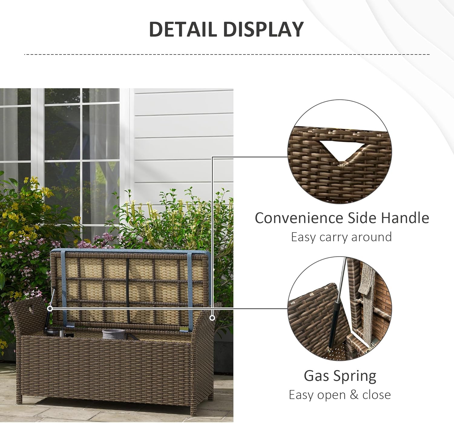 Outsunny 29 Gallon Patio Wicker Storage Bench, Outdoor PE Rattan Furniture, 2-in-1 Large Capacity Rectangle Garden Storage Box with Handles and Cushion, Dark Blue