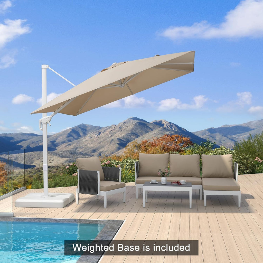 PURPLE LEAF 9 FT White Patio Umbrella With Base Outdoor Cantilever Umbrellas Square Offset Umbrella Windproof with 360° Rotation for Garden Deck Pool, Beige